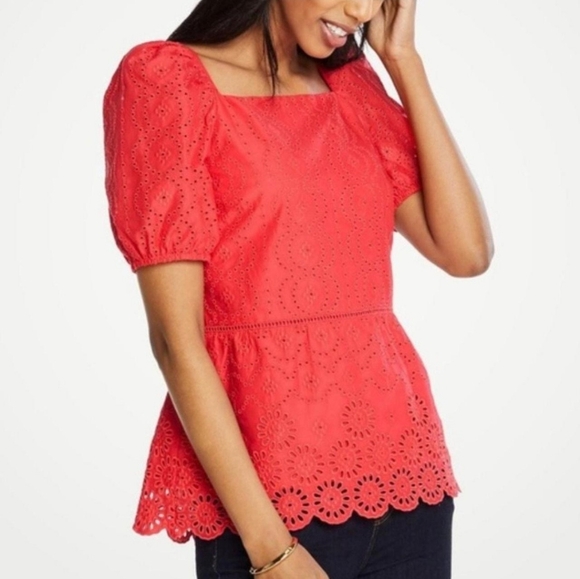 Anne Taylor Red Eyelet Puff Sleeve Top - Picture 1 of 13